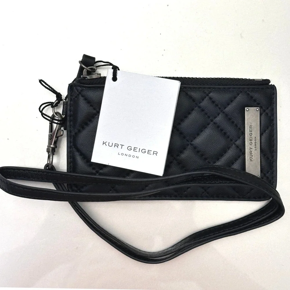 Kurt Geiger London Quilted Card Case Wallet with Lanyard Strap Black Minimalist